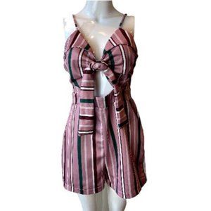 Milano Fashion Womens Striped Romper Tie Front W/ Hole Backless Pink Sz 10
